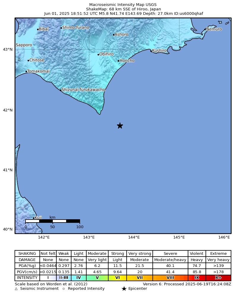USGS ShakeMap intensity contours for the M5.8 earthquake near 68 km SSE of Hiroo, Japan