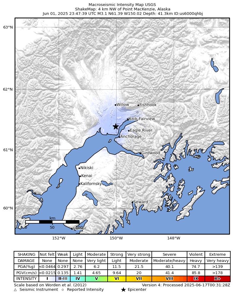 USGS ShakeMap intensity contours for the M2.9 earthquake near 4 km NW of Point MacKenzie, Alaska