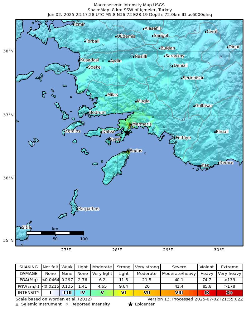 USGS ShakeMap intensity contours for the M5.8 earthquake near 8 km SSW of İçmeler, Turkey