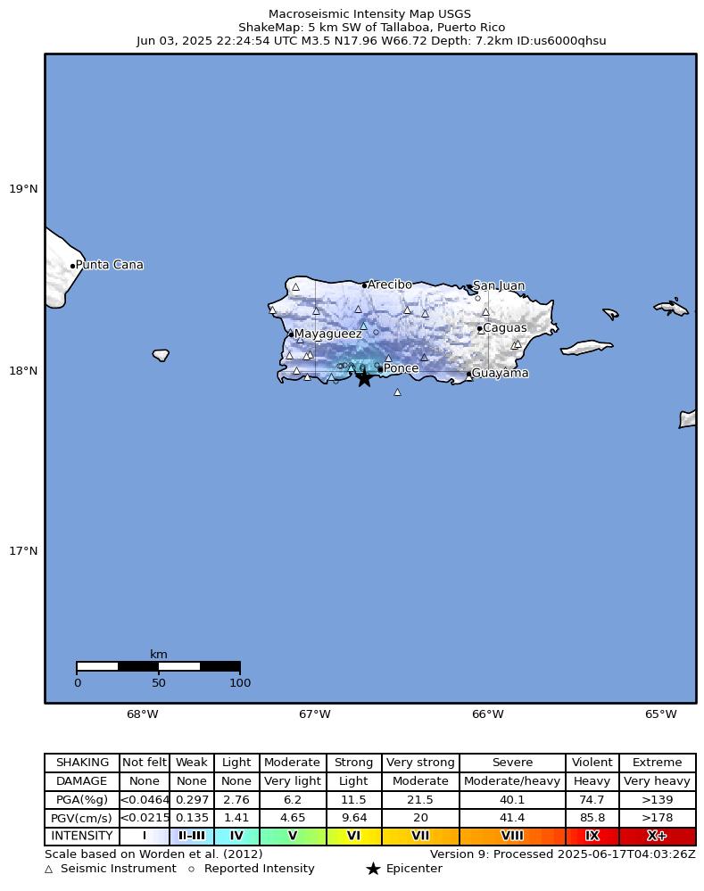 USGS ShakeMap intensity contours for the M3.7 earthquake near 5 km SW of Tallaboa, Puerto Rico