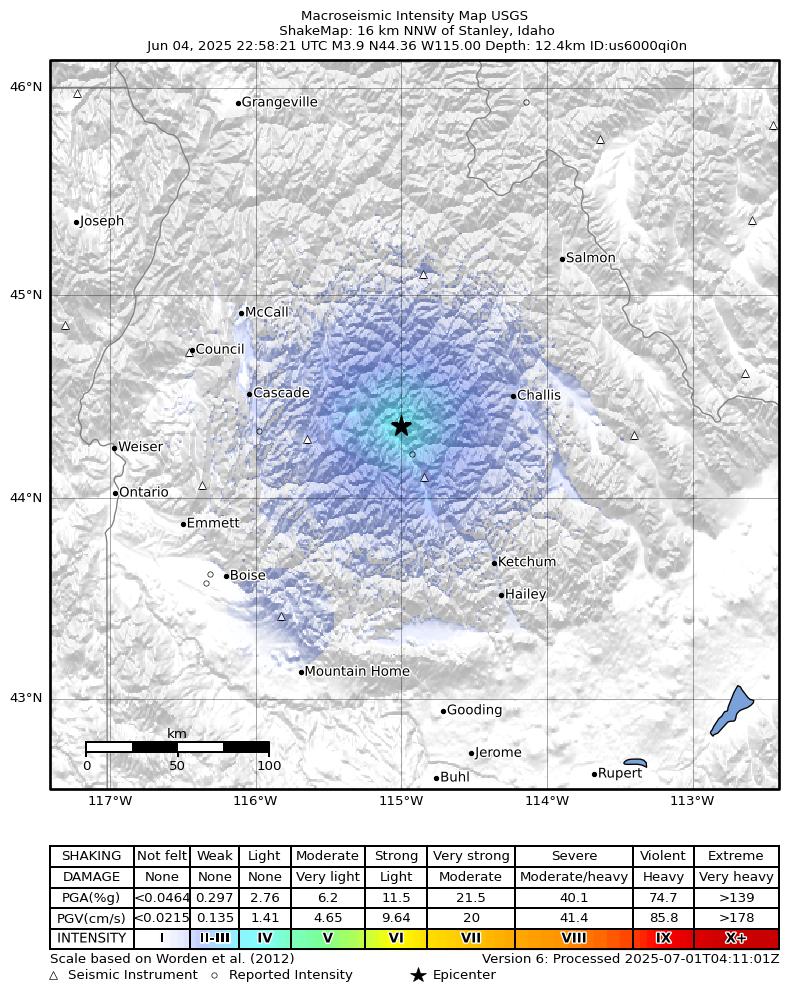 USGS ShakeMap intensity contours for the M3.9 earthquake near 16 km NNW of Stanley, Idaho
