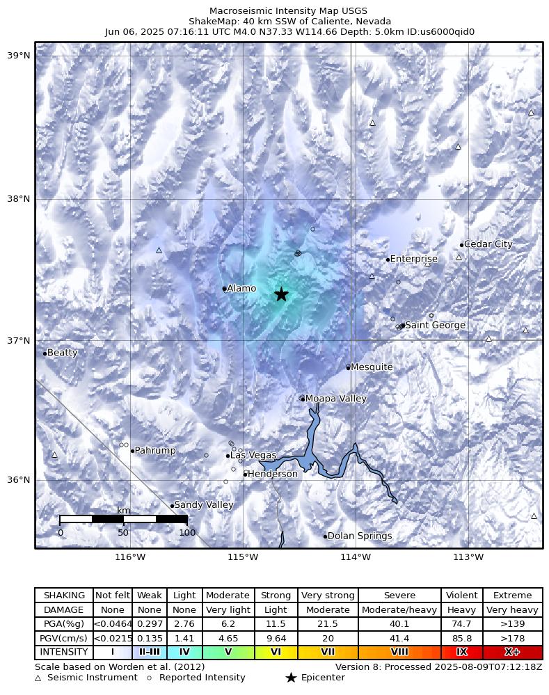 USGS ShakeMap: estimated shaking intensity around the epicenter