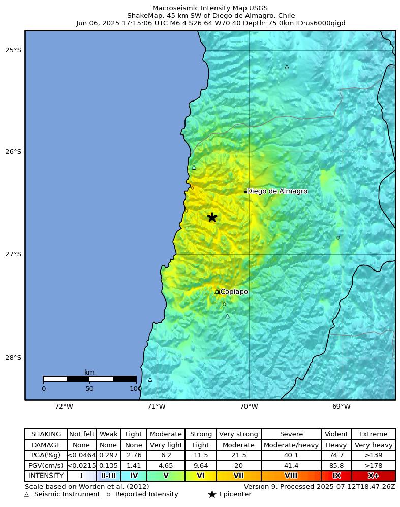 USGS ShakeMap intensity contours for the M6.4 earthquake near 45 km SW of Diego de Almagro, Chile