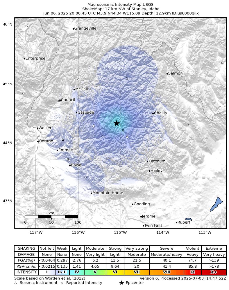 USGS ShakeMap intensity contours for the M3.9 earthquake near 17 km NW of Stanley, Idaho