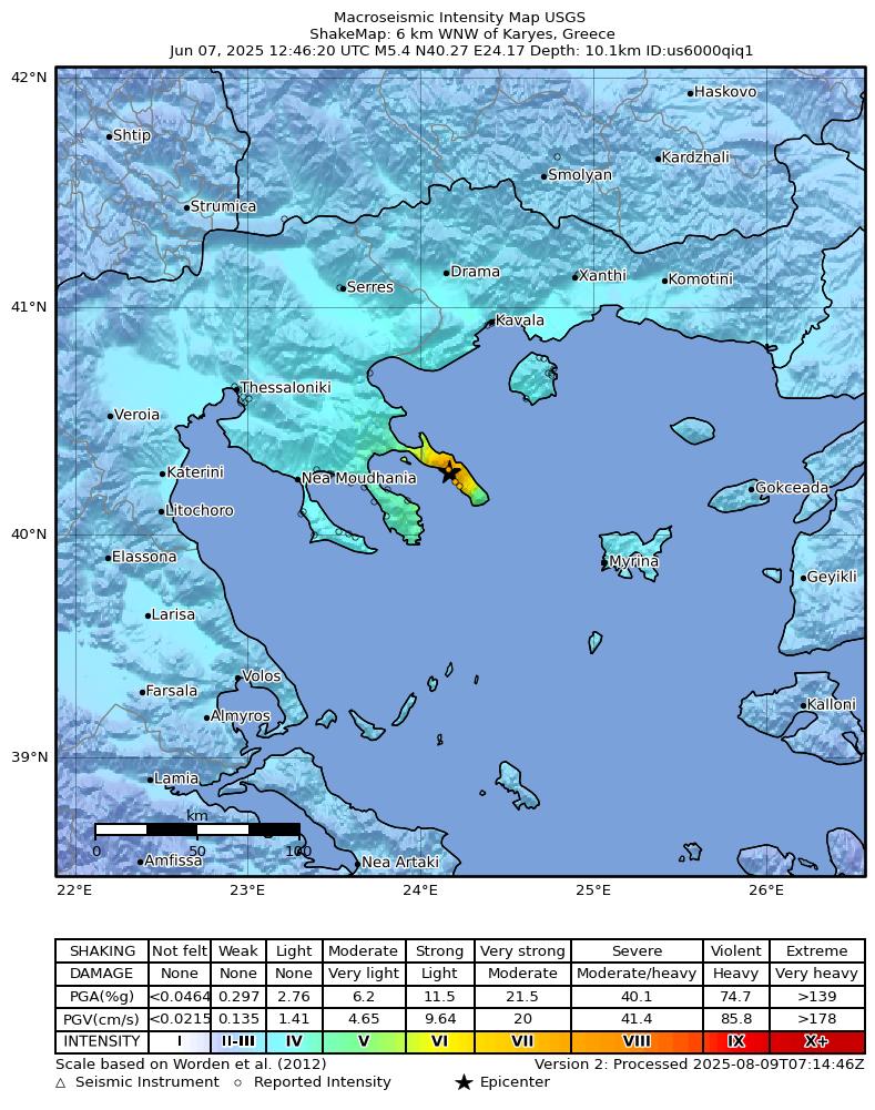 USGS ShakeMap intensity contours for the M5.4 earthquake near 6 km WNW of Karyes, Greece