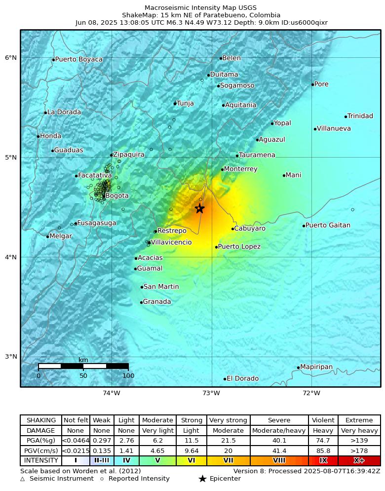 USGS ShakeMap intensity contours for the M6.3 earthquake near 15 km NE of Paratebueno, Colombia