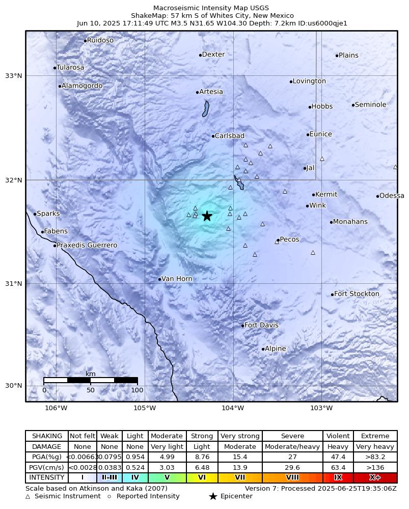 USGS ShakeMap intensity contours for the M3.5 earthquake near 57 km S of Whites City, New Mexico
