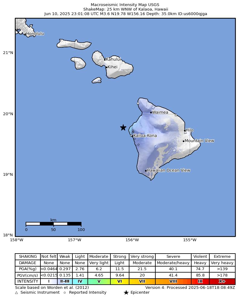 USGS ShakeMap intensity contours for the M3.6 earthquake near 25 km WNW of Kalaoa, Hawaii