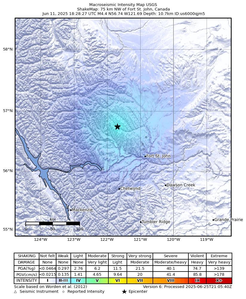 USGS ShakeMap intensity contours for the M4.4 earthquake near 75 km NW of Fort St. John, Canada