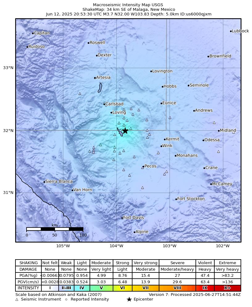 USGS ShakeMap intensity contours for the M3.7 earthquake near 34 km SE of Malaga, New Mexico