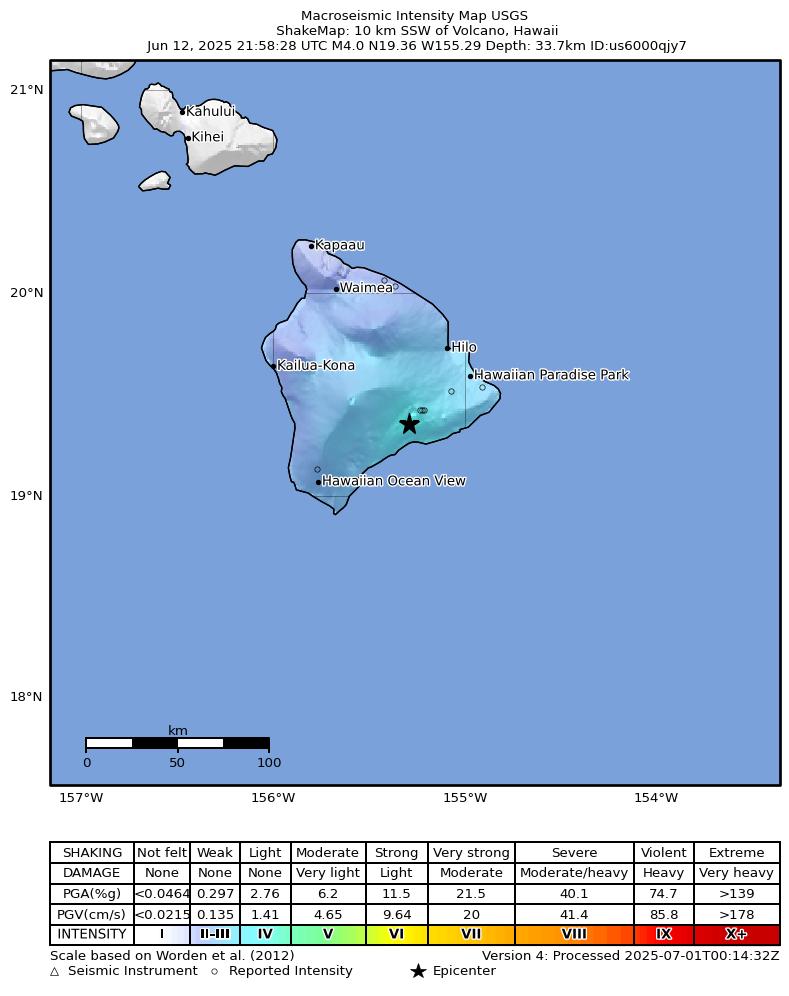 USGS ShakeMap intensity contours for the M3.4 earthquake near 10 km SSW of Volcano, Hawaii