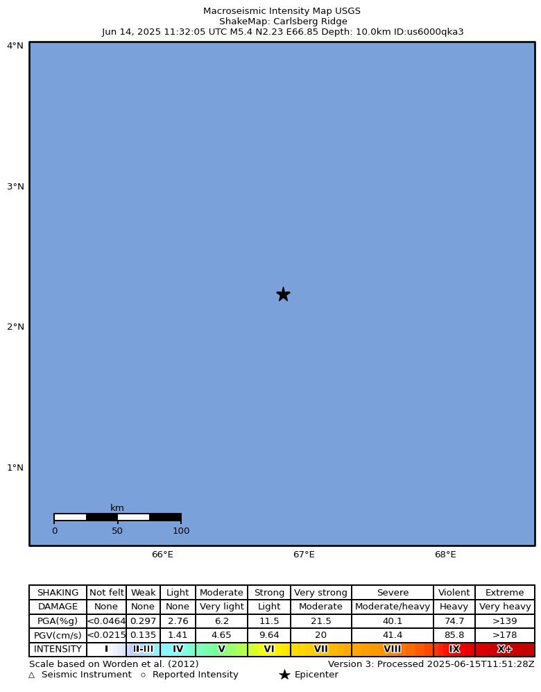 USGS ShakeMap intensity contours for the M5.3 earthquake near Carlsberg Ridge