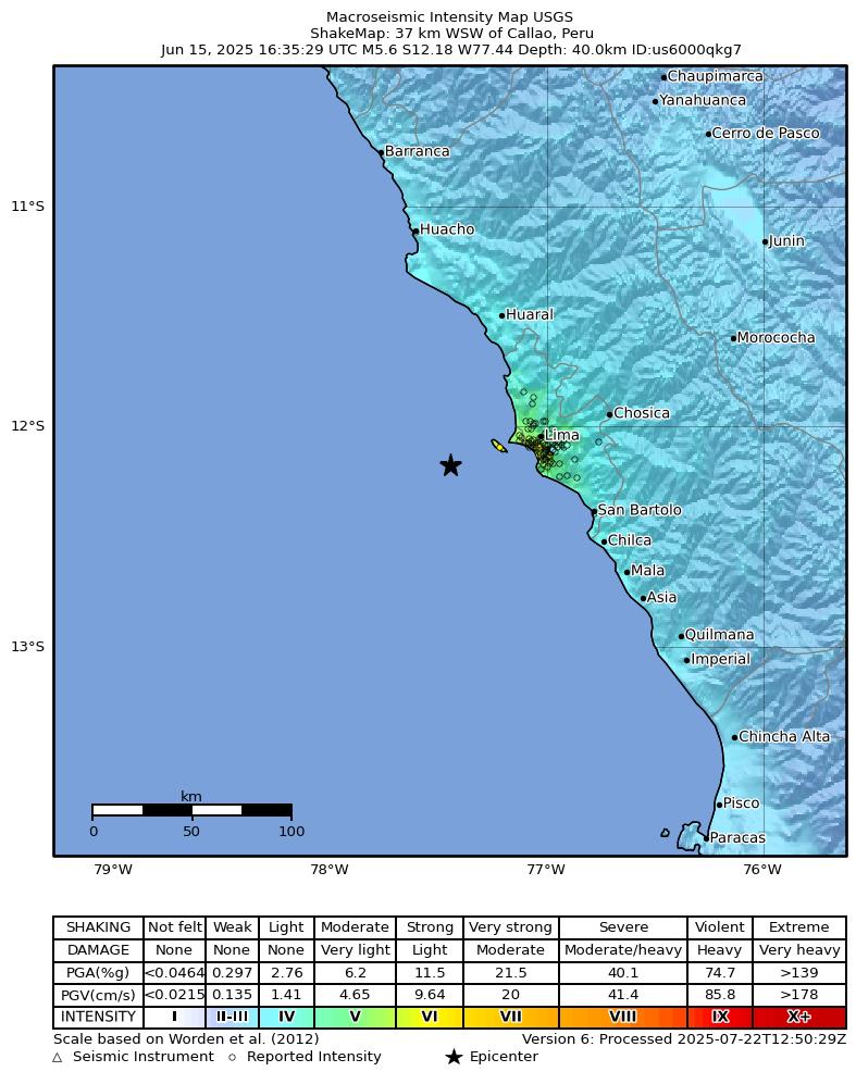 USGS ShakeMap intensity contours for the M5.6 earthquake near 37 km WSW of Callao, Peru