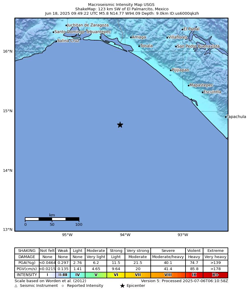 USGS ShakeMap intensity contours for the M5.8 earthquake near 123 km SW of El Palmarcito, Mexico