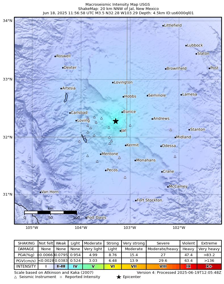 USGS ShakeMap: estimated shaking intensity around the epicenter