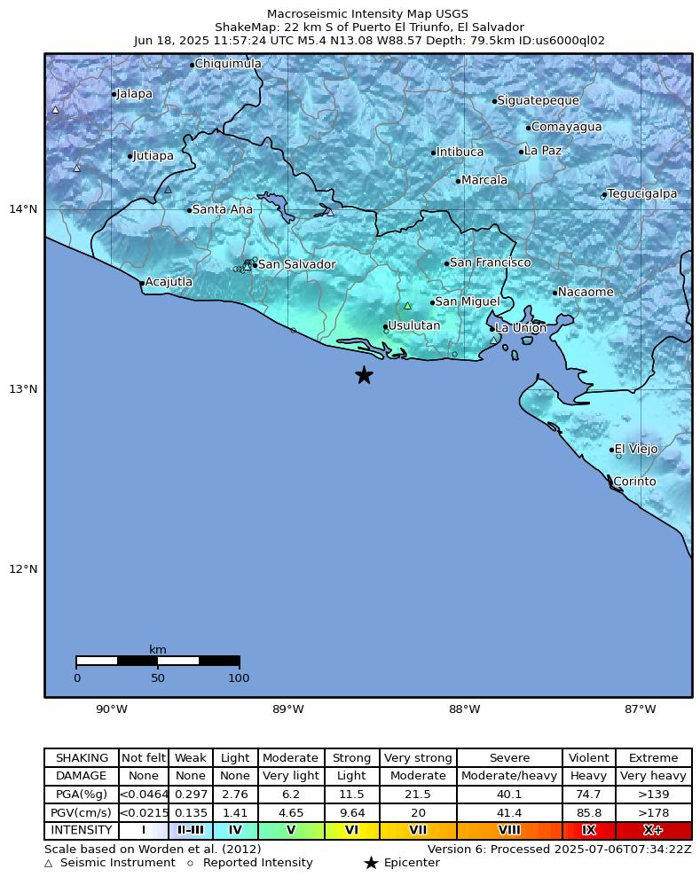 USGS ShakeMap intensity contours for the M5.4 earthquake near 22 km S of Puerto El Triunfo, El Salvador