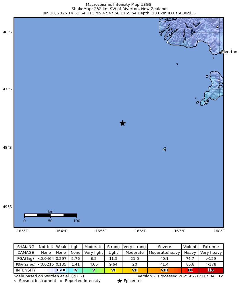 USGS ShakeMap intensity contours for the M5.4 earthquake near 232 km SW of Riverton, New Zealand