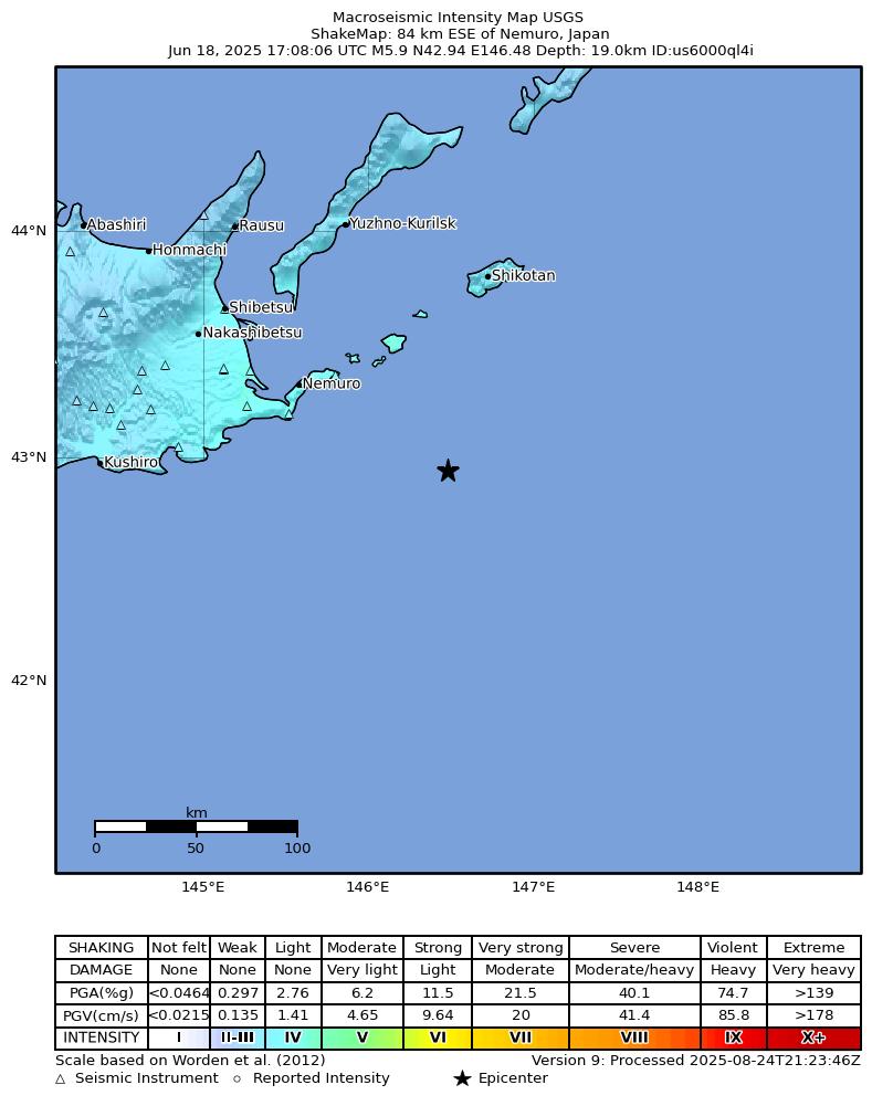 USGS ShakeMap intensity contours for the M5.9 earthquake near 84 km ESE of Nemuro, Japan