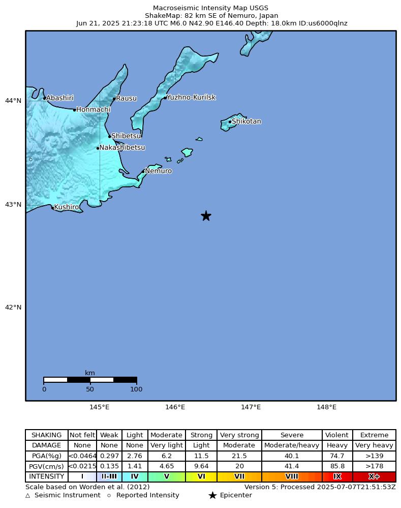 USGS ShakeMap intensity contours for the M6.0 earthquake near 82 km SE of Nemuro, Japan