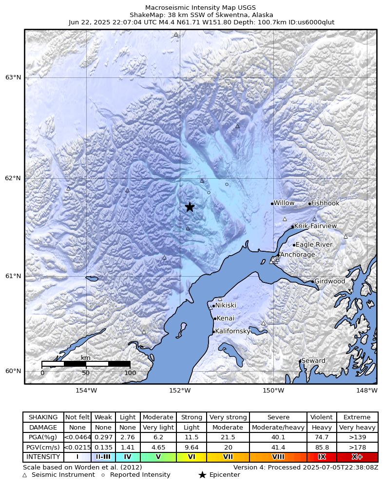 USGS ShakeMap intensity contours for the M3.6 earthquake near 38 km SSW of Skwentna, Alaska