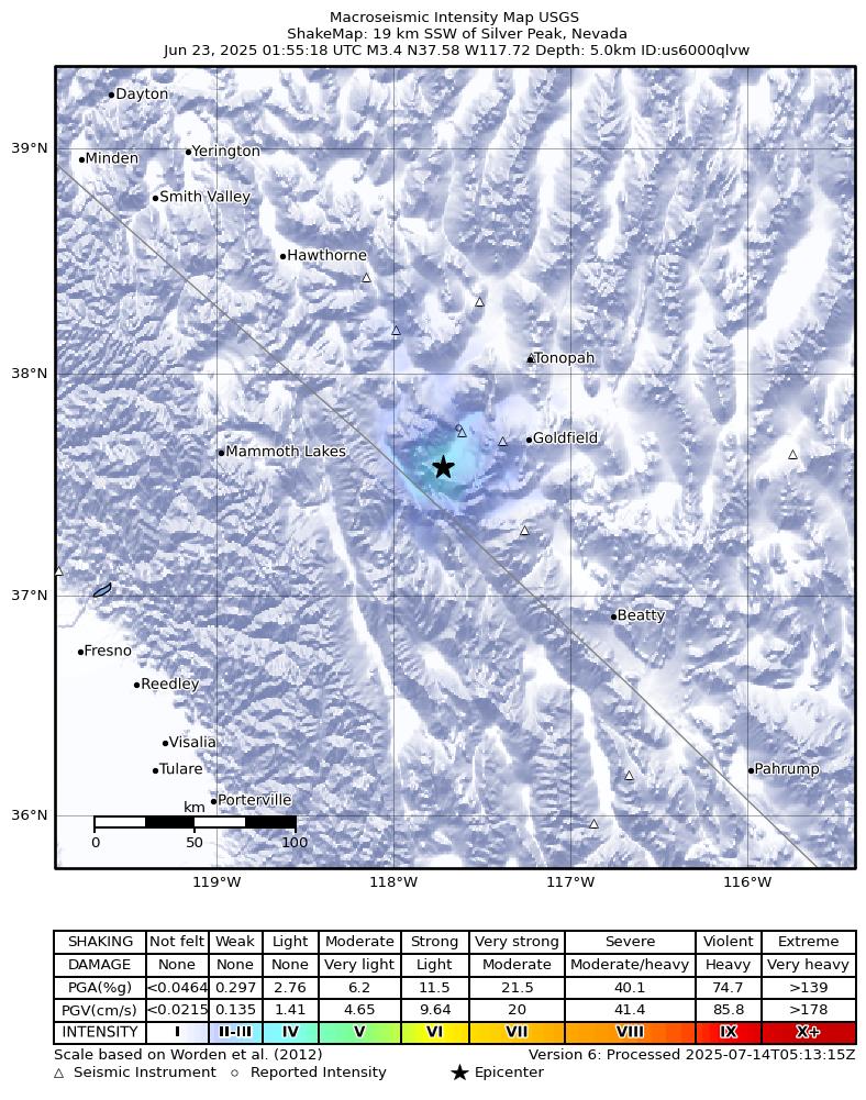 USGS ShakeMap: estimated shaking intensity around the epicenter