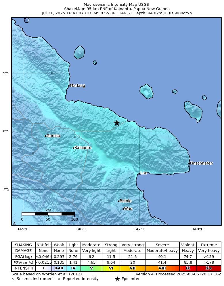 USGS ShakeMap intensity contours for the M5.8 earthquake near 94 km ENE of Kainantu, Papua New Guinea
