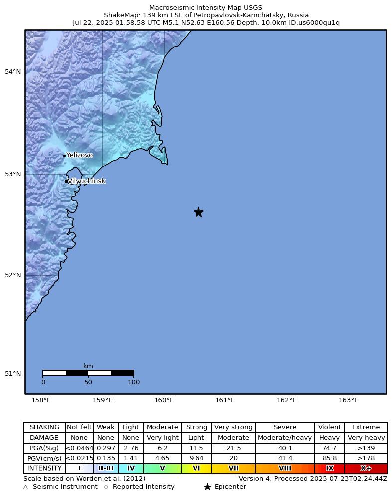 USGS ShakeMap intensity contours for the M5.3 earthquake near 156 km ESE of Petropavlovsk-Kamchatsky, Russia