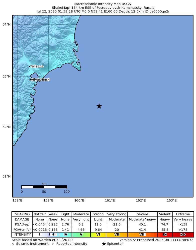 USGS ShakeMap intensity contours for the M6.0 earthquake near 154 km ESE of Petropavlovsk-Kamchatsky, Russia