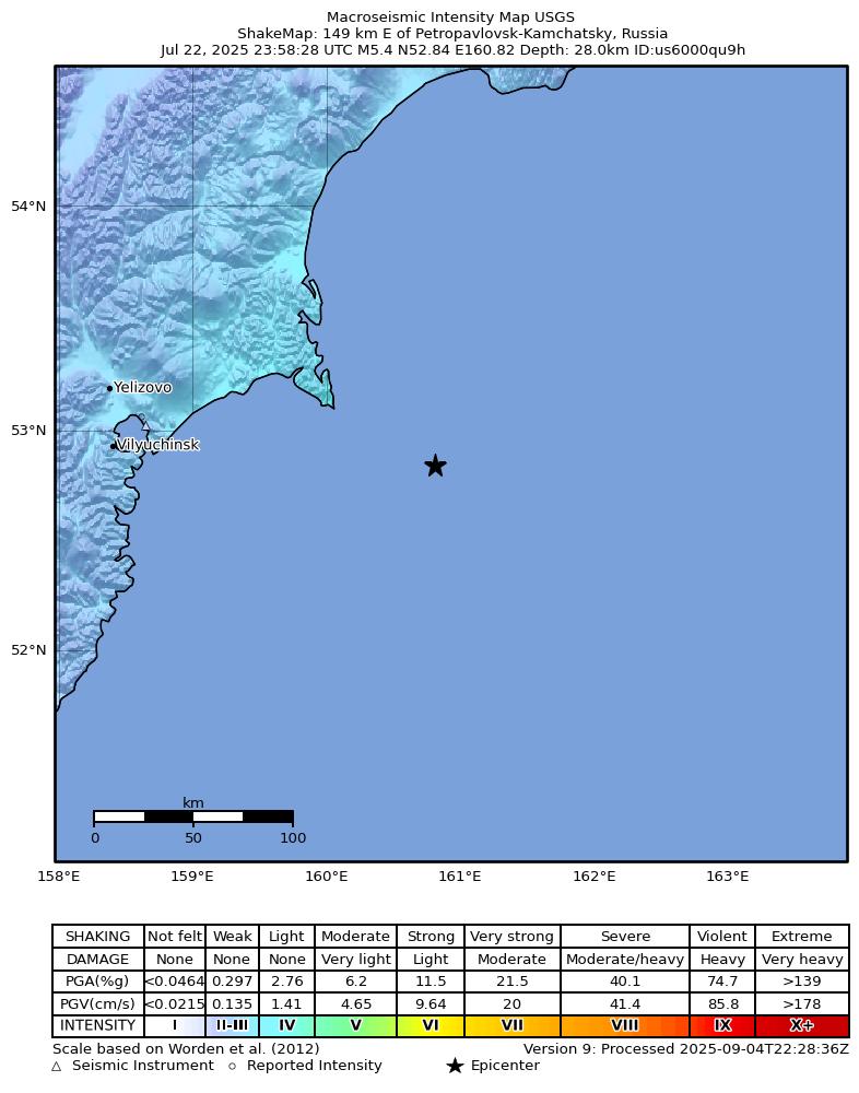 USGS ShakeMap intensity contours for the M5.4 earthquake near 149 km E of Petropavlovsk-Kamchatsky, Russia