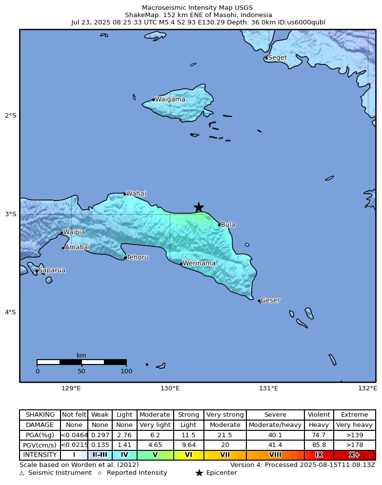 USGS ShakeMap intensity contours for the M5.2 earthquake near 148 km ENE of Masohi, Indonesia