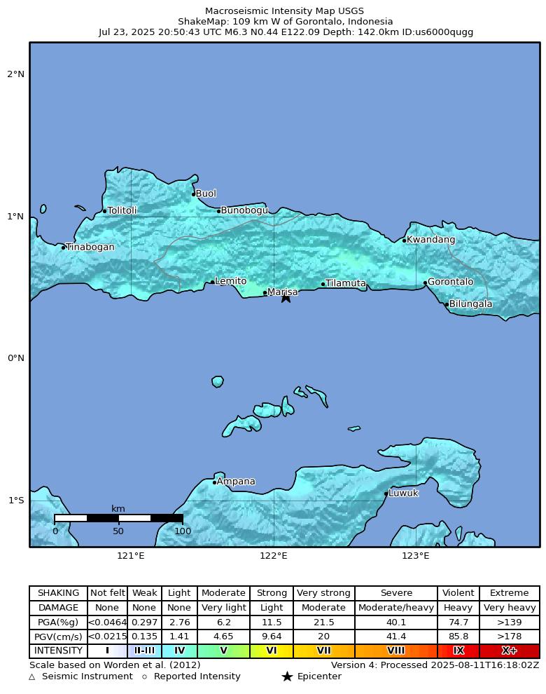 USGS ShakeMap intensity contours for the M6.3 earthquake near 109 km W of Gorontalo, Indonesia