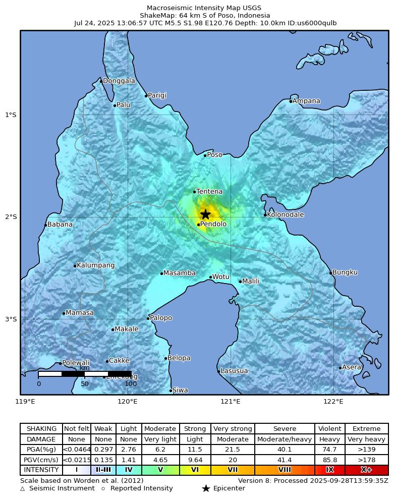 USGS ShakeMap intensity contours for the M5.5 earthquake near 64 km S of Poso, Indonesia