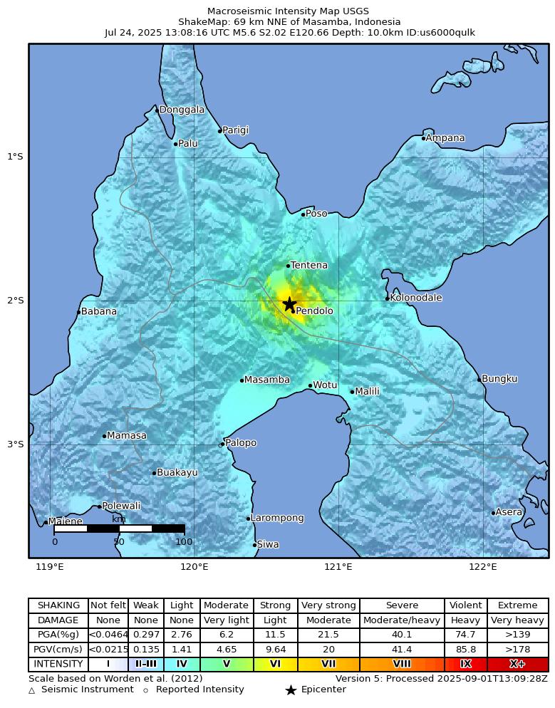 USGS ShakeMap intensity contours for the M5.6 earthquake near 69 km NNE of Masamba, Indonesia