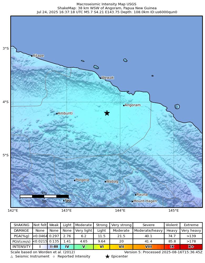 USGS ShakeMap intensity contours for the M5.7 earthquake near 38 km WSW of Angoram, Papua New Guinea