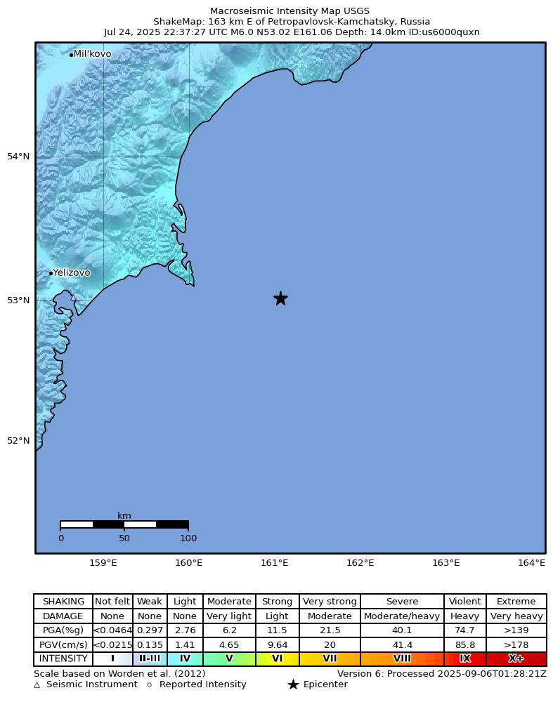 USGS ShakeMap intensity contours for the M6.0 earthquake near 163 km E of Petropavlovsk-Kamchatsky, Russia