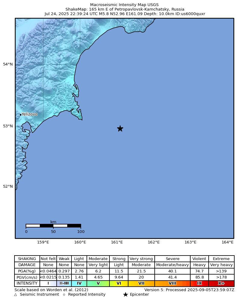 USGS ShakeMap intensity contours for the M5.8 earthquake near 165 km E of Petropavlovsk-Kamchatsky, Russia