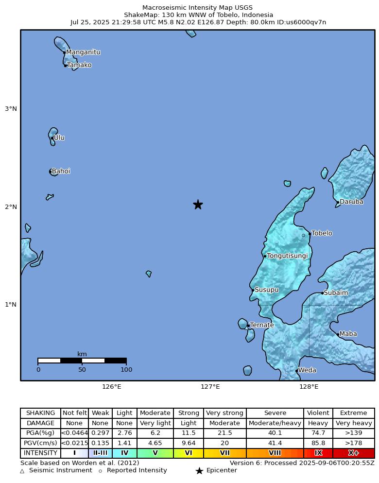 USGS ShakeMap intensity contours for the M5.8 earthquake near 130 km WNW of Tobelo, Indonesia