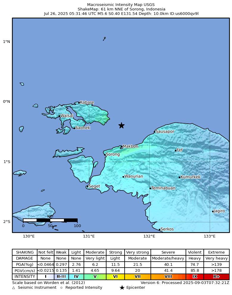 USGS ShakeMap intensity contours for the M5.6 earthquake near 61 km NNE of Sorong, Indonesia