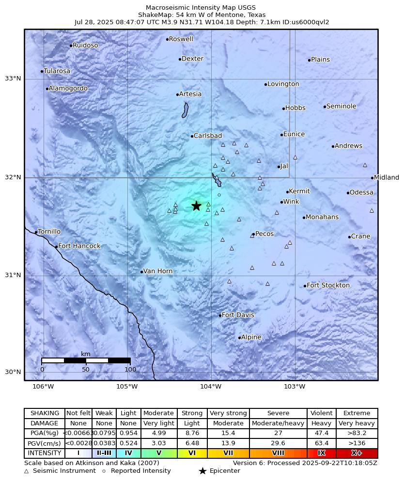 USGS ShakeMap: estimated shaking intensity around the epicenter