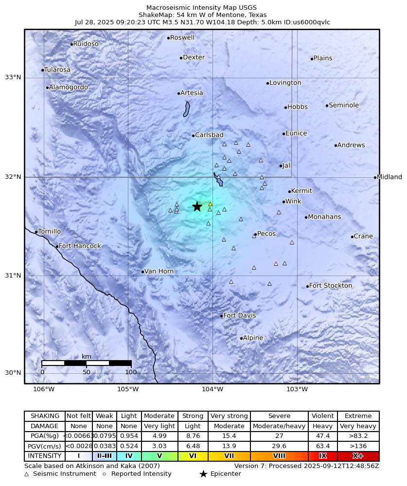 USGS ShakeMap: estimated shaking intensity around the epicenter
