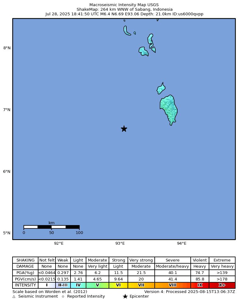 USGS ShakeMap intensity contours for the M6.4 earthquake near 264 km WNW of Sabang, Indonesia