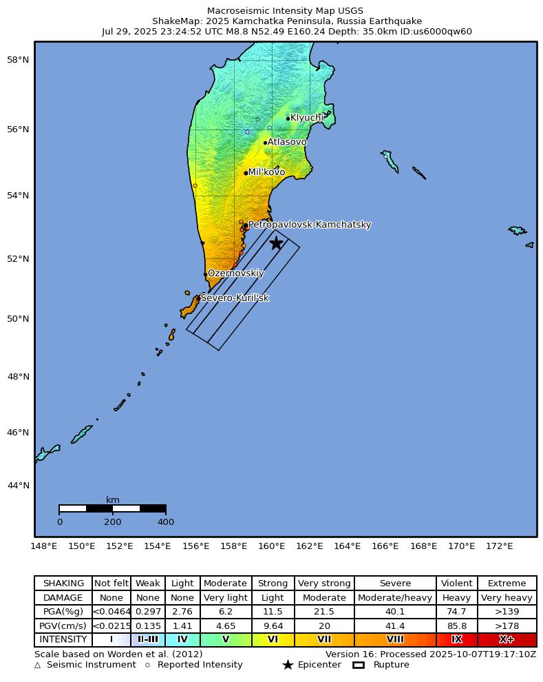 USGS ShakeMap intensity contours for the M8.8 earthquake near 2025 Kamchatka Peninsula, Russia Earthquake