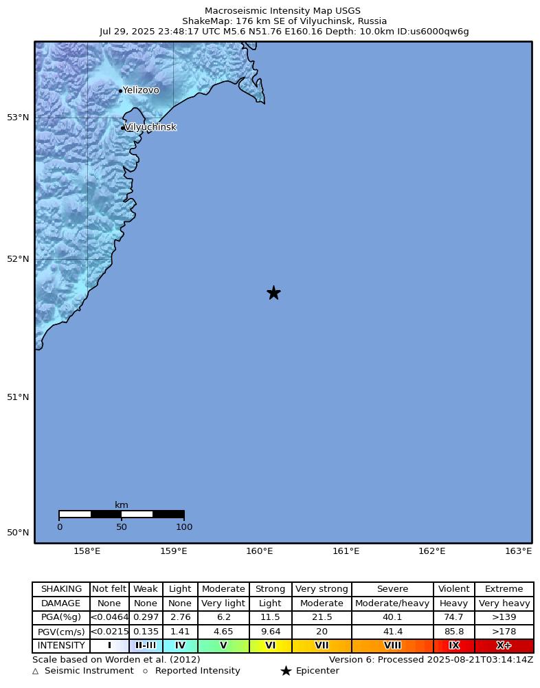 USGS ShakeMap intensity contours for the M5.6 earthquake near 176 km SE of Vilyuchinsk, Russia