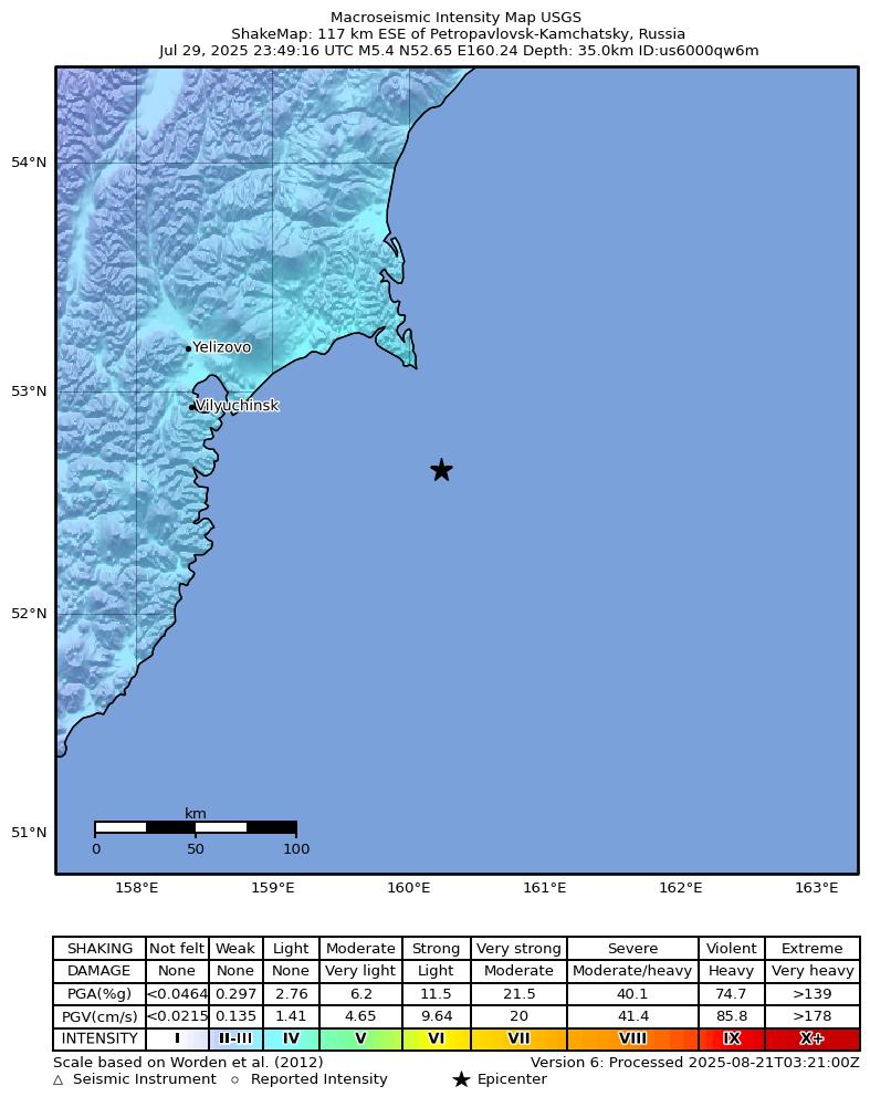 USGS ShakeMap intensity contours for the M5.4 earthquake near 117 km ESE of Petropavlovsk-Kamchatsky, Russia