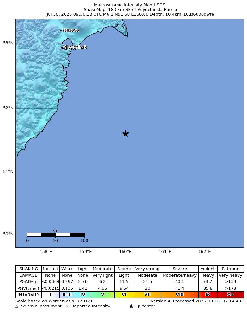 USGS ShakeMap intensity contours for the M6.1 earthquake near 183 km SE of Vilyuchinsk, Russia