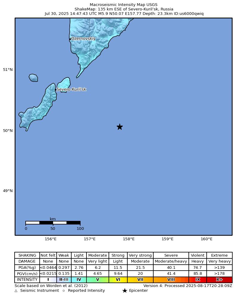 USGS ShakeMap intensity contours for the M5.9 earthquake near 135 km ESE of Severo-Kuril’sk, Russia