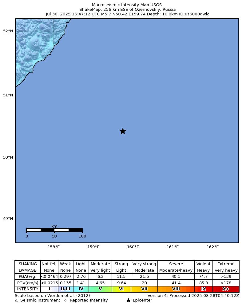 USGS ShakeMap intensity contours for the M5.7 earthquake near 256 km ESE of Ozernovskiy, Russia