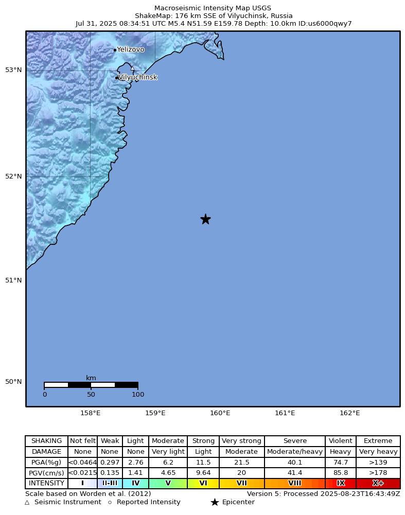 USGS ShakeMap intensity contours for the M5.2 earthquake near 178 km SSE of Vilyuchinsk, Russia