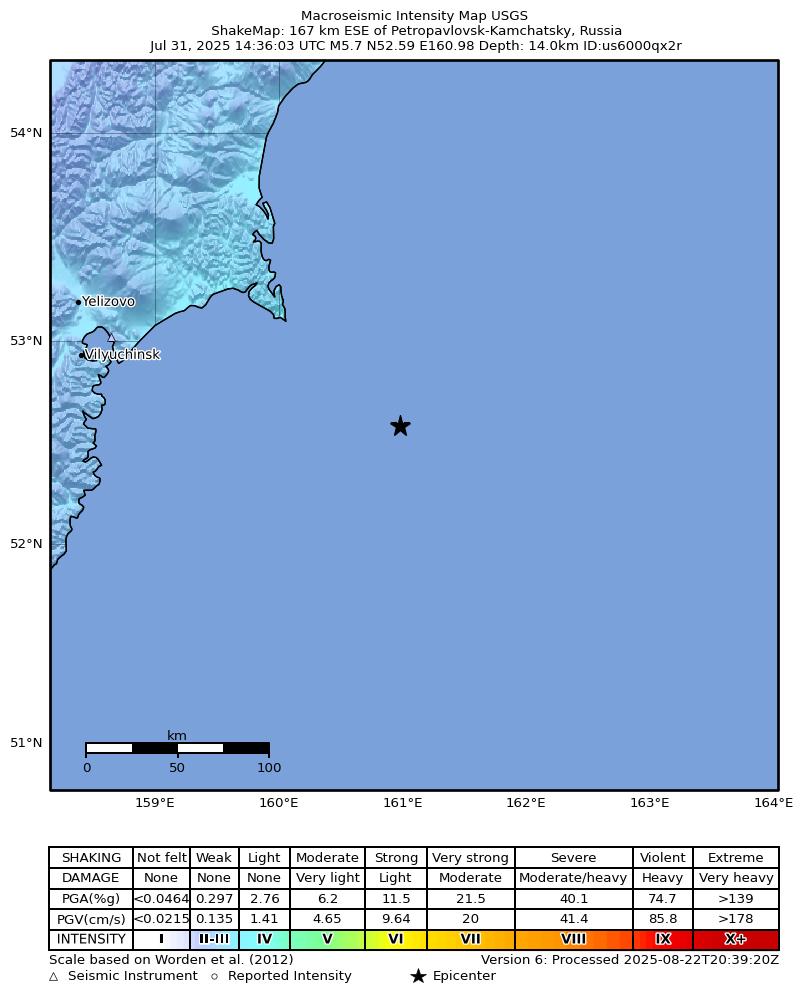 USGS ShakeMap intensity contours for the M5.7 earthquake near 167 km ESE of Petropavlovsk-Kamchatsky, Russia
