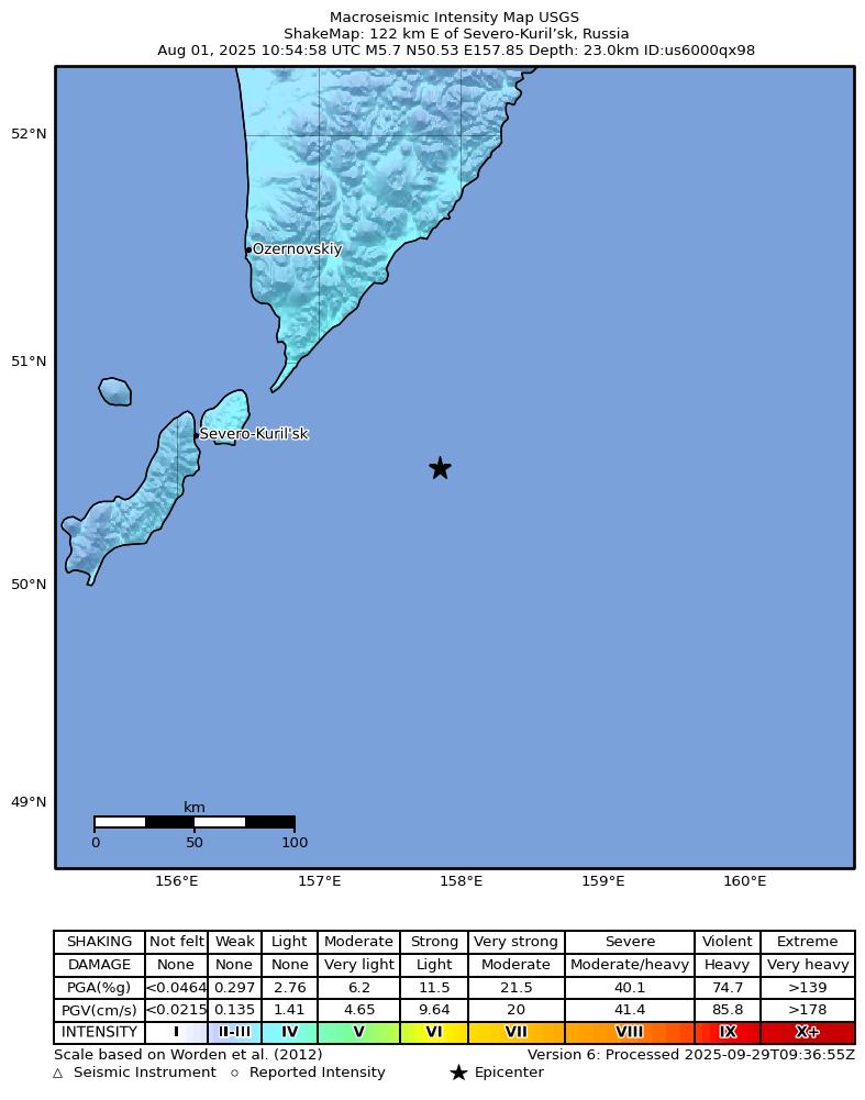 USGS ShakeMap intensity contours for the M5.7 earthquake near 122 km E of Severo-Kuril’sk, Russia